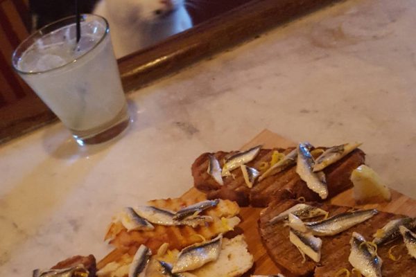 Cocktails... Anchovy platters... Chairman can't believe his luck. #Anchovy #Crostini #Hackney #Dalston #Kerb #Chairmanmao